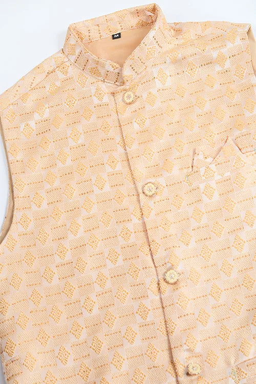 Yellow Roman Silk Kurta With Jacquard Koti Jacket