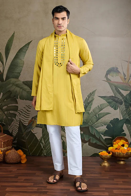 Stylish Look Perfect Haldi Yellow Color Men's Kurta with Dupatta