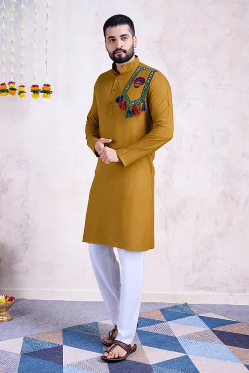 Beautiful Yellow Rayon Navratri Men's Kurta With Mirror Work