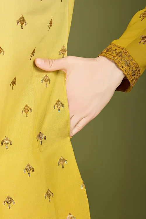 Designer Omber Yellow Viscose Silk Kurta For Men Online