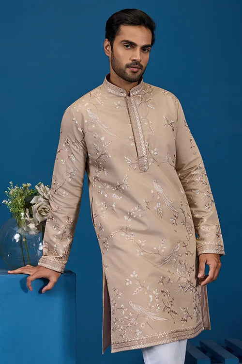 Elegant Beige Embroidered Viscose Silk Kurta for Mens