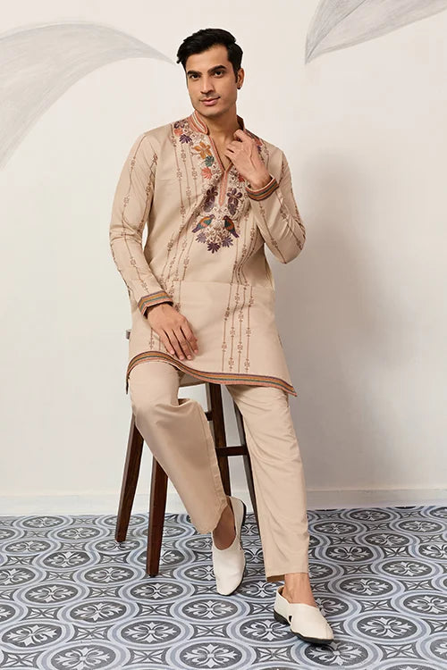 Premium Beige Embroidered V Neck Kurta Pant Set