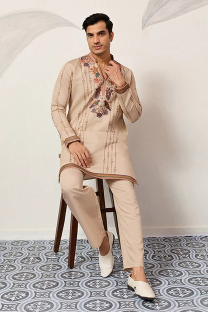 Premium Beige Embroidered V Neck Kurta Pant Set