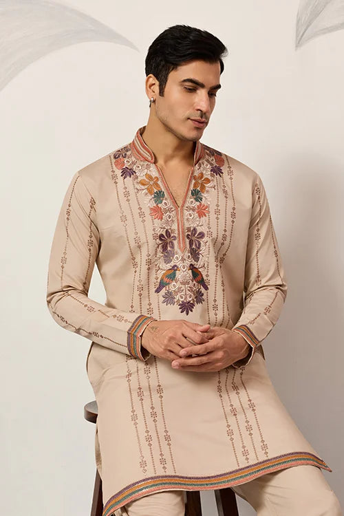 Premium Beige Embroidered V Neck Kurta Pant Set