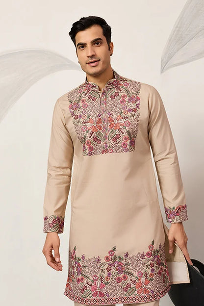 Beige Color Kurta Pant Set For Mens Traditional Outfit