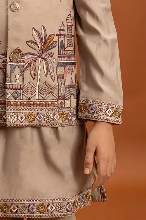 Designer Beige Koti Kurta Set for Kids 6-12 Year