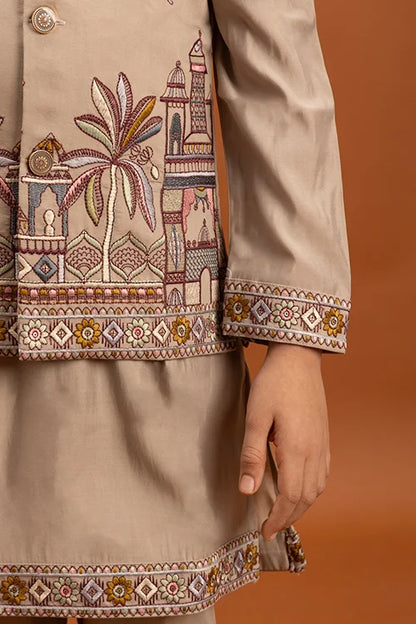 Designer Beige Koti Kurta Set for Kids 6-12 Year