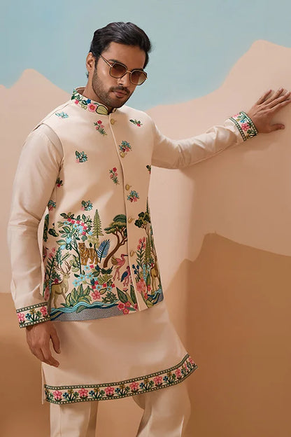 Latest Beige Color Koti Kurta Set for Mens Wear Collection