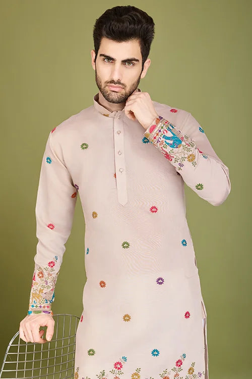 Ivory Viscose Silk Men's Kurta With Thread Work