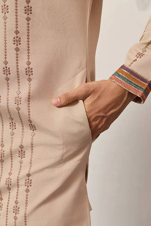 Premium Beige Embroidered V Neck Kurta Pant Set