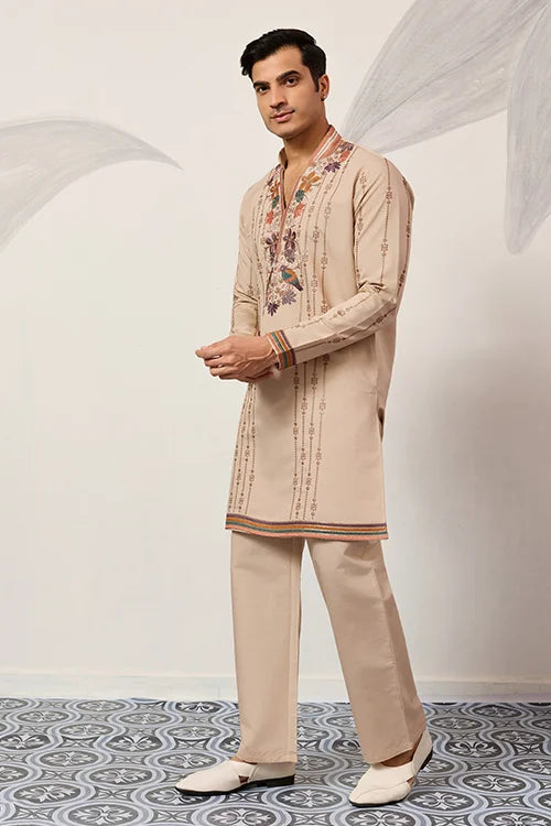 Premium Beige Embroidered V Neck Kurta Pant Set