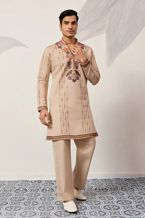Premium Beige Embroidered V Neck Kurta Pant Set