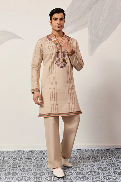 Premium Beige Embroidered V Neck Kurta Pant Set