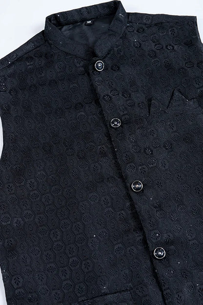 Black Roman Silk Kurta With Jacquard Koti Elegant Ethnic Wear