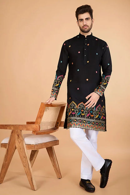 Black Viscose Silk Men's Designer Kurta Online