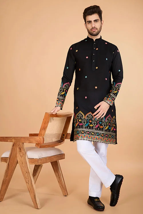 Black Viscose Silk Men's Designer Kurta Online