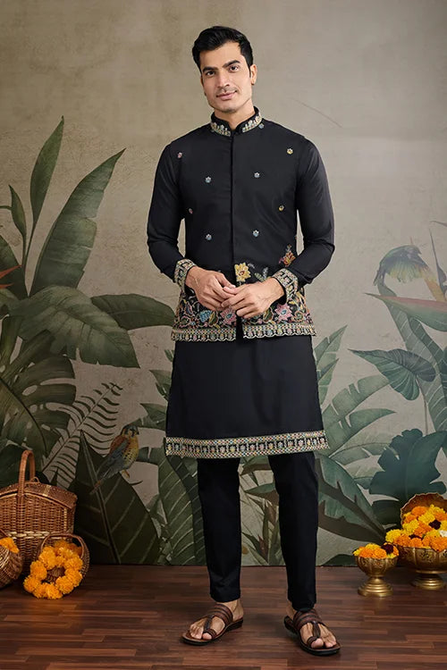 Designer Black Cotton Kurta With Embroidered Koti