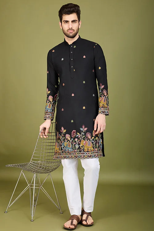 Black Color Cotton Embroidered Kurta For Men