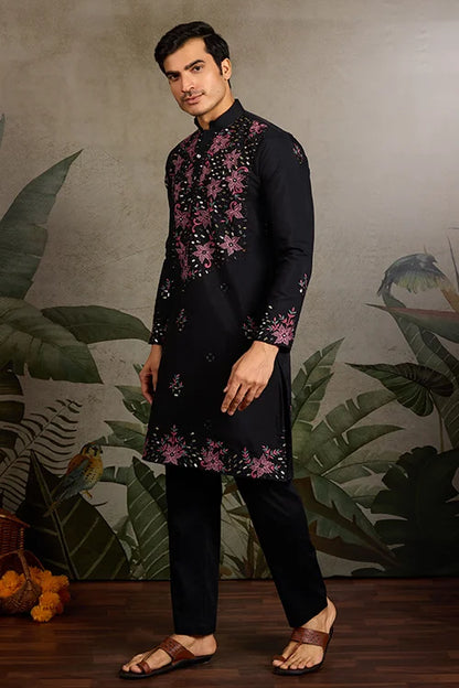 Black Mirror Work with Embroidered Kurta Set for Men