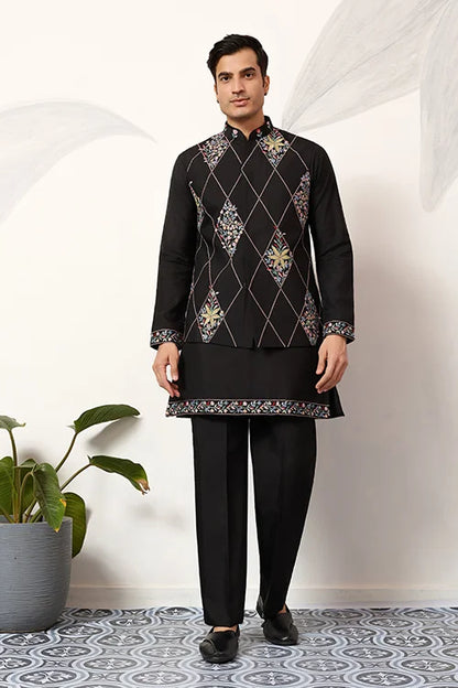Premium Wedding Black Koti Kurta Pajama for Mens Wear