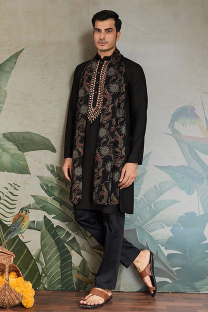 Wedding Special Black Mirror Work Kurta With Dupatta For Men