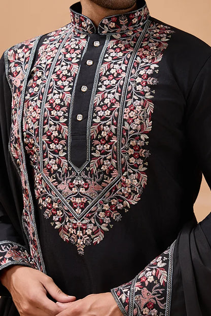Luxury Wedding Look Black Kurta with Dupatta for Mens Wear
