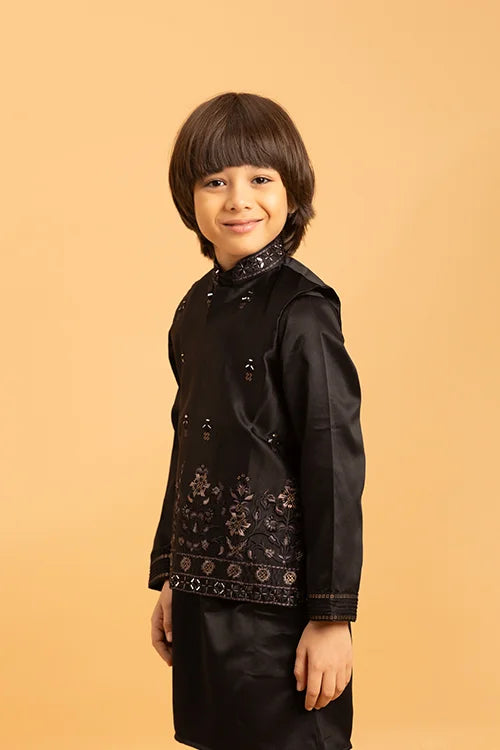 Traditional Black Mirror Work Koti Kurta Set for Boys