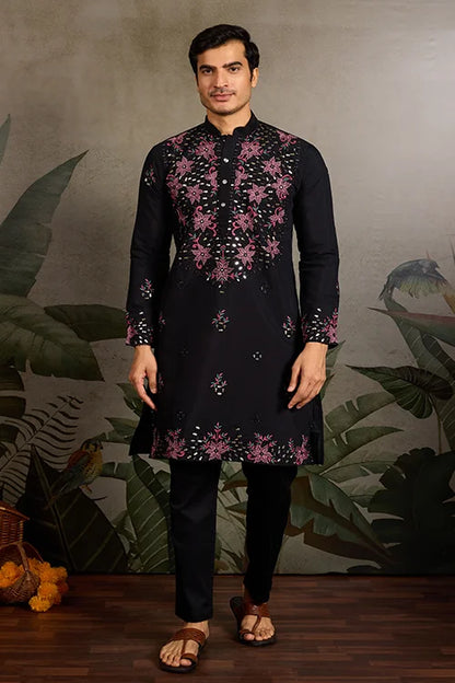 Black Mirror Work with Embroidered Kurta Set for Men