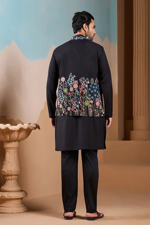 Magic Black Wedding Look Koti Kurta Set for Mens Wear