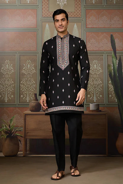 Black Mens Kurta with Stylish Koti for Wedding Wear