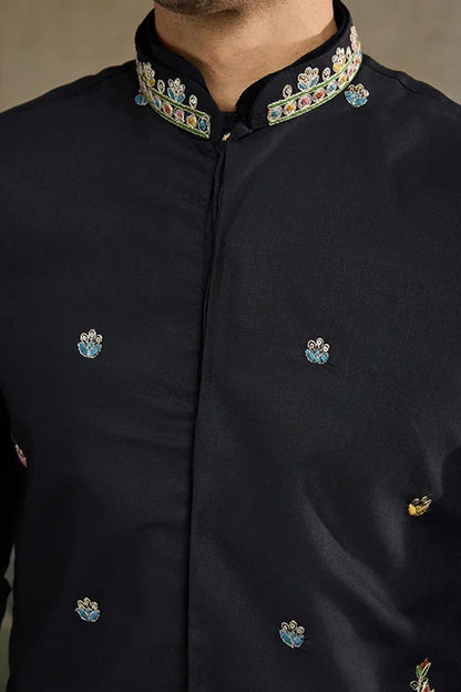 Designer Black Cotton Kurta With Embroidered Koti