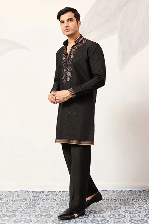 Party Wear Black V Neck Style Kurta Pant For Mens Wear