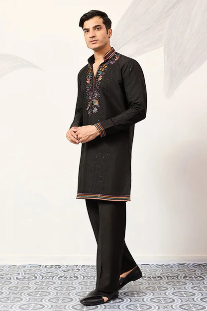Party Wear Black V Neck Style Kurta Pant For Mens Wear