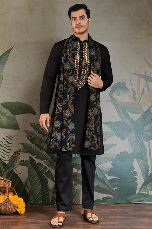 Wedding Special Black Mirror Work Kurta With Dupatta For Men