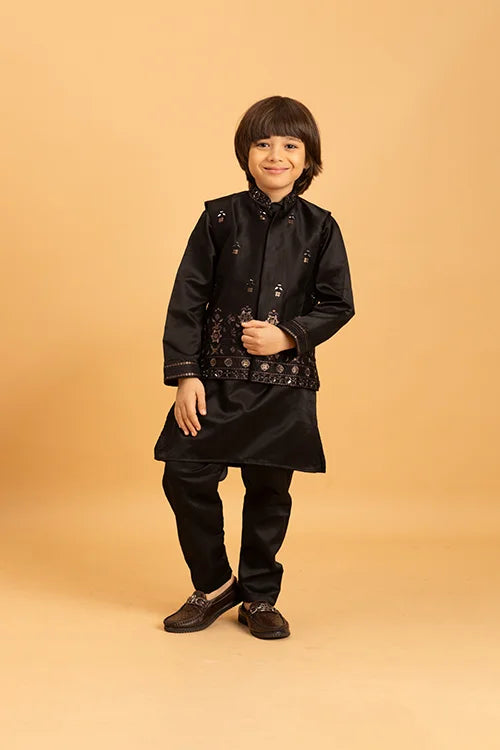 Traditional Black Mirror Work Koti Kurta Set for Boys