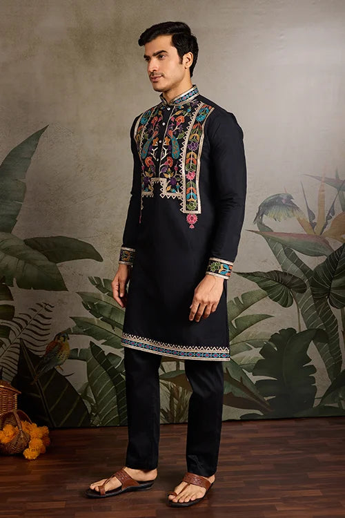 Designer Black Embroidered Mens Kurta for Wedding