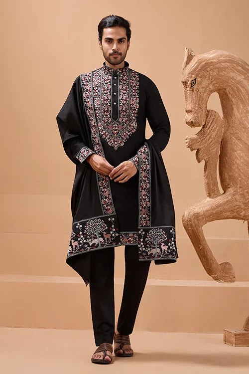 Luxury Wedding Look Black Kurta with Dupatta for Mens Wear