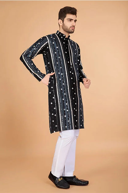 Viscose Rayon Black Color Heavy Embroidered Kurta For Men