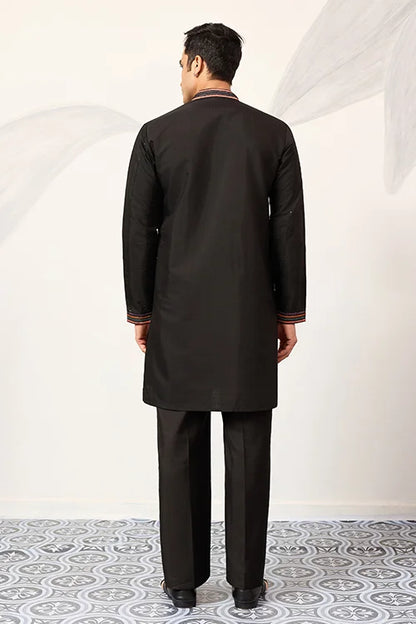Party Wear Black V Neck Style Kurta Pant For Mens Wear