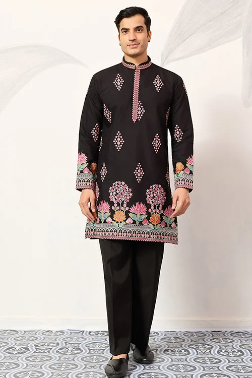 Ethnic Speical Classic Black Embroidered Kurta For Mens