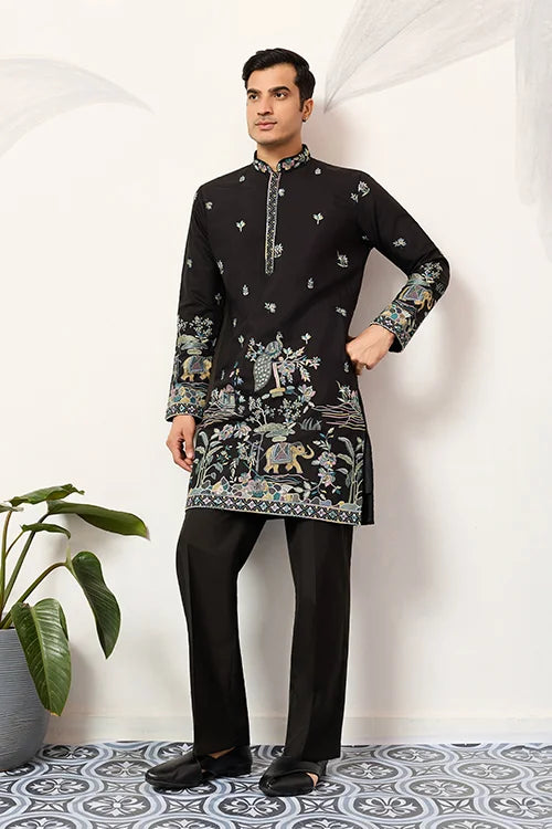 Special Wedding Celebration Ethnic Black Kurta for Mens Wear