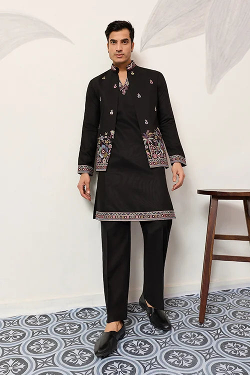 Wedding Special Black Koti Kurta With Pant For Mens Wear