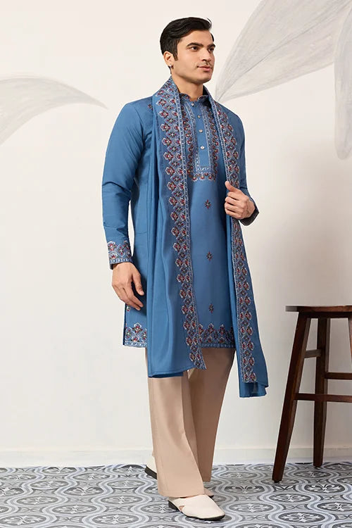 Wedding Royal Look Blue Kurta With Dupatta For Mens Wear