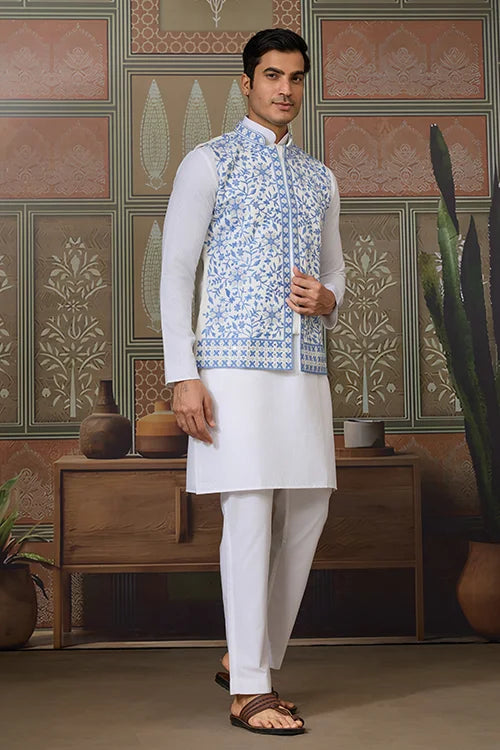 Traditional White Kurta Blue Koti Pajama for Men