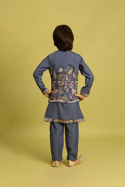 Wedding Special Kids Blue Grey Koti Kurta Outfit