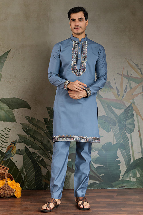 Blue Gray Open Koti Style Kurta Pajama Set For Men