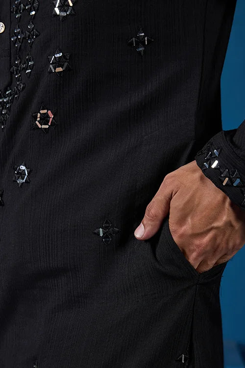 Classy Black Mirror Kurta Pant Wedding Outfit for Mens