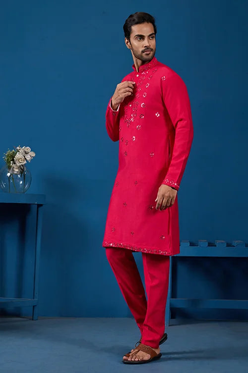 Designer Rani Mirror Embroidered Kurta for Mens Wear