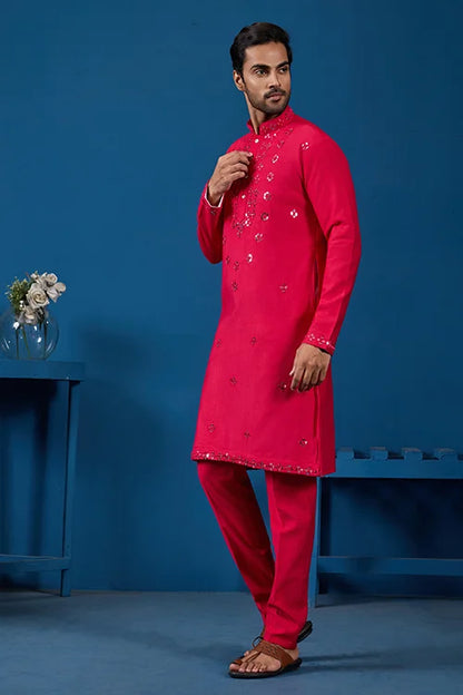 Designer Rani Mirror Embroidered Kurta for Mens Wear