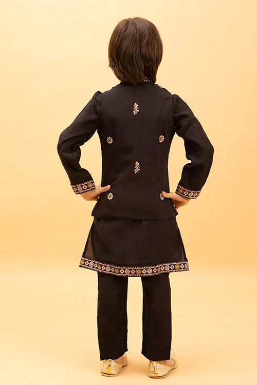 Premium Black Koti Kurta Set for Kids Boys 6-12 Years